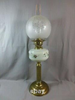 Antique Brass & Glass Oil Lamp With Original Antique Acid Etched Oil Lamp Shade