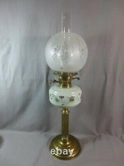Antique Brass & Glass Oil Lamp With Original Antique Acid Etched Oil Lamp Shade