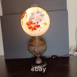 Antique Brass Gone With The Wind Hurricane Oil Conv to Electric Floral Lamp 22