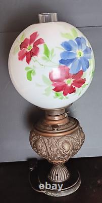 Antique Brass Gone With The Wind Hurricane Oil Conv to Electric Floral Lamp 22