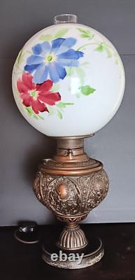 Antique Brass Gone With The Wind Hurricane Oil Conv to Electric Floral Lamp 22