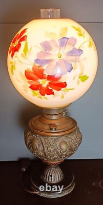 Antique Brass Gone With The Wind Hurricane Oil Conv to Electric Floral Lamp 22