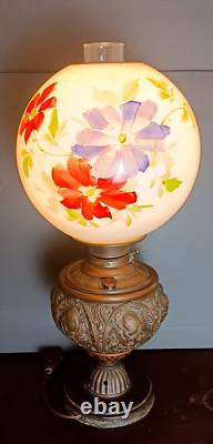 Antique Brass Gone With The Wind Hurricane Oil Conv to Electric Floral Lamp 22