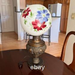 Antique Brass Gone With The Wind Hurricane Oil Conv to Electric Floral Lamp 22