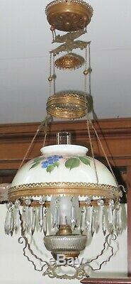 Antique Brass HANGING OIL LAMP with Grape Pattern HP SHADE & SMOKE BELL -Complete
