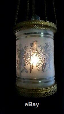 Antique Brass Hanging Hall Oil Lamp, Etched Frosted Floral Round Glass Shade