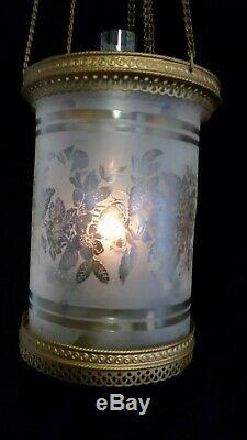 Antique Brass Hanging Hall Oil Lamp, Etched Frosted Floral Round Glass Shade