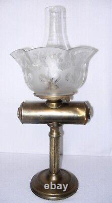 Antique Brass Kerosene Oil Lamp, Etched Glass Shade, Scoville Mfg Co. USA, 1916