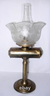 Antique Brass Kerosene Oil Lamp, Etched Glass Shade, Scoville Mfg Co. USA, 1916
