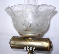 Antique Brass Kerosene Oil Lamp, Etched Glass Shade, Scoville Mfg Co. USA, 1916