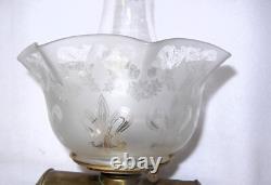 Antique Brass Kerosene Oil Lamp, Etched Glass Shade, Scoville Mfg Co. USA, 1916