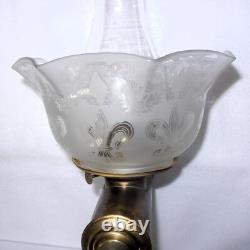 Antique Brass Kerosene Oil Lamp, Etched Glass Shade, Scoville Mfg Co. USA, 1916