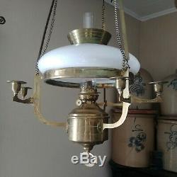 Antique Brass Kosmos Brenner Hanging Pull Down Library Oil Lamp, Candle Holders