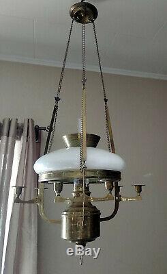 Antique Brass Kosmos Brenner Hanging Pull Down Library Oil Lamp, Candle Holders