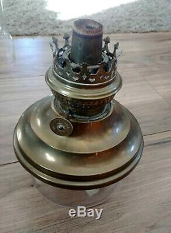 Antique Brass Kosmos Brenner Hanging Pull Down Library Oil Lamp, Candle Holders
