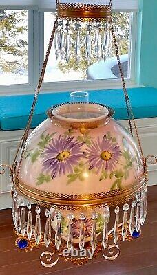 Antique Brass Oil Hanging Lamp Electrified Light Fixture with14 HP Glass Shade