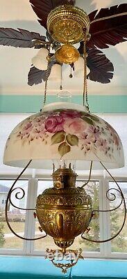 Antique Brass Oil Hanging Lamp Light Fixture Electrified with14 HP Glass Shade