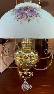 Antique Brass Oil Hanging Lamp Light Fixture Electrified with14 HP Glass Shade