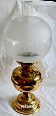 Antique Brass Oil Lamp Duplex Wick Etched Globe and Chimney England Victorian