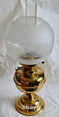 Antique Brass Oil Lamp Duplex Wick Etched Globe and Chimney England Victorian