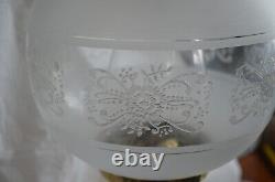 Antique Brass Oil Lamp Duplex Wick Etched Globe and Chimney England Victorian