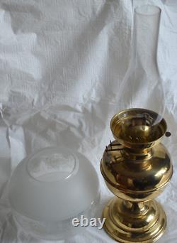 Antique Brass Oil Lamp Duplex Wick Etched Globe and Chimney England Victorian