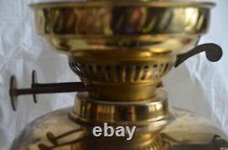 Antique Brass Oil Lamp Duplex Wick Etched Globe and Chimney England Victorian