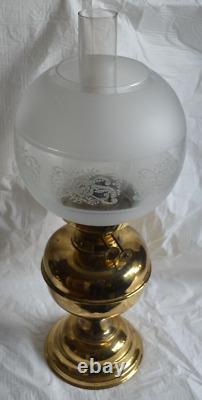 Antique Brass Oil Lamp Duplex Wick Etched Globe and Chimney England Victorian