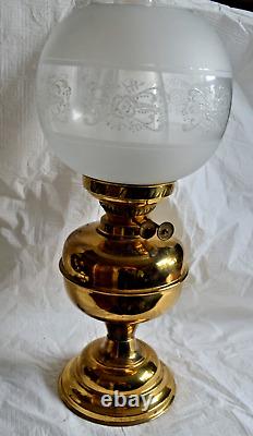 Antique Brass Oil Lamp Duplex Wick Etched Globe and Chimney England Victorian