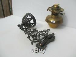 Antique Brass Oil Lamp & Iron Wall bracket Holder Vintage Chimney Shade Old 1897