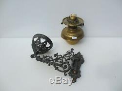 Antique Brass Oil Lamp & Iron Wall bracket Holder Vintage Chimney Shade Old 1897