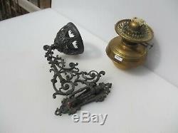 Antique Brass Oil Lamp & Iron Wall bracket Holder Vintage Chimney Shade Old 1897