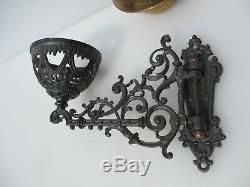 Antique Brass Oil Lamp & Iron Wall bracket Holder Vintage Chimney Shade Old 1897