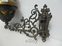 Antique Brass Oil Lamp & Iron Wall bracket Holder Vintage Chimney Shade Old 1897