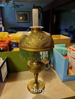 Antique Brass Oil Lamp with Jeweled Fringe Shade with Chimney Kosmos Brenner