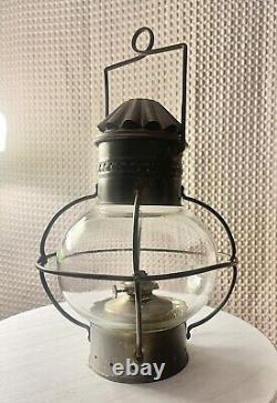 Antique Brass Onion Railway Ship Oil Lamp With Chimney, Metal Cage, And Burner