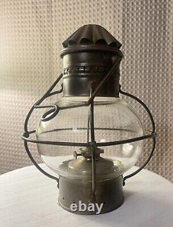 Antique Brass Onion Railway Ship Oil Lamp With Chimney, Metal Cage, And Burner