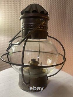 Antique Brass Onion Railway Ship Oil Lamp With Chimney, Metal Cage, And Burner