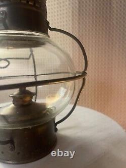 Antique Brass Onion Railway Ship Oil Lamp With Chimney, Metal Cage, And Burner