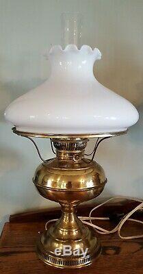 Antique Brass Rayo GWTW Hurricane Oil Lamp Electric withWhite Glass Ruffled Shade