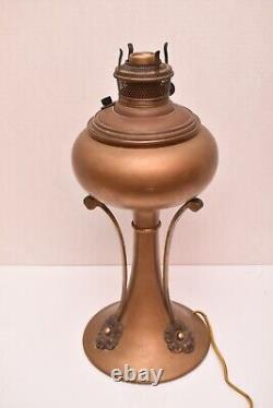 Antique Brass Stand Oil Lamp Light Art Nouveau Jugendstil Electrified Whiplash