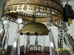 Antique Brass and Hob nail cranberry glass oil lamp- converted to electric