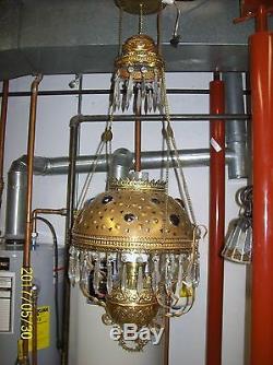 Antique Brass and Jeweled oil hanging lamp converted to electric