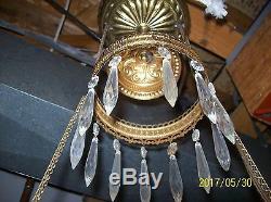 Antique Brass and Jeweled oil hanging lamp converted to electric