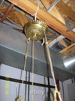 Antique Brass and flowered shade oil hanging lamp converted to electric