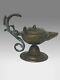 Antique Bronze Byzantine Oil Lamp with Lizard Handle and Designs 4 x 3
