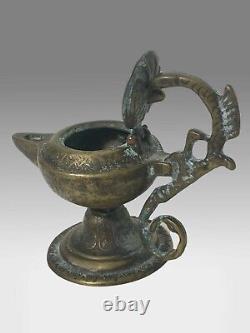 Antique Bronze Byzantine Oil Lamp with Lizard Handle and Designs 4 x 3