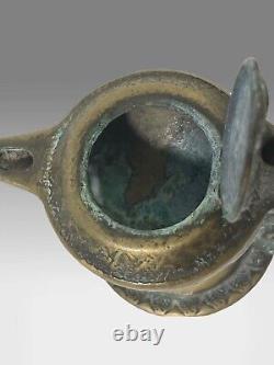 Antique Bronze Byzantine Oil Lamp with Lizard Handle and Designs 4 x 3