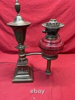 Antique Bronze Figural Argand Oil Lamp Single arm With Cranberry Glass