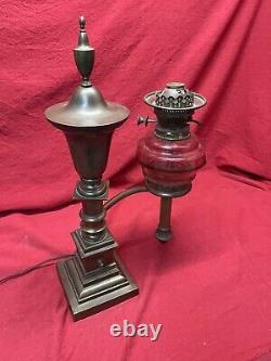 Antique Bronze Figural Argand Oil Lamp Single arm With Cranberry Glass